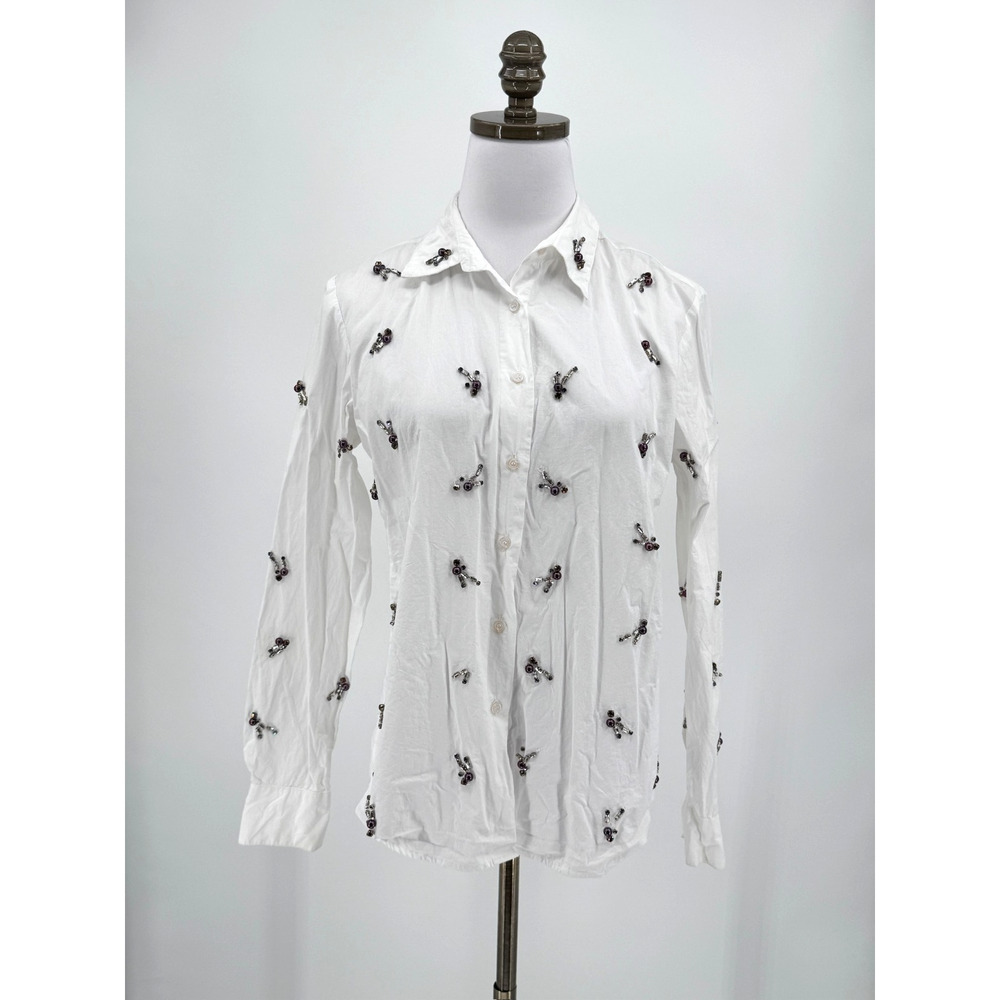Dhruv Kapoor for Anthropologie White Beaded Poplin Button Up Shirt Sz S